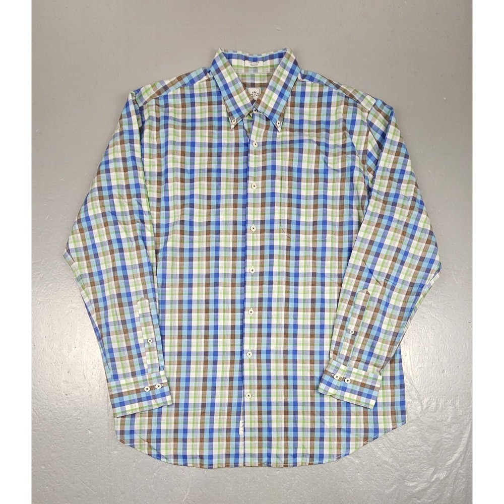 Peter Millar Button Down Shirt Mens XL Blue Green Plaid Casual Long Sleeve